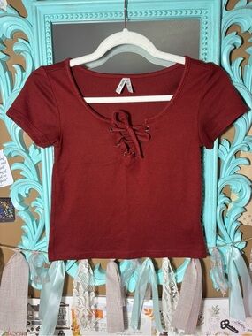 Mudd Knit Short Sleeve Crop Top Lace Up Front Burnt Orange Women’s Sz XS Earthy